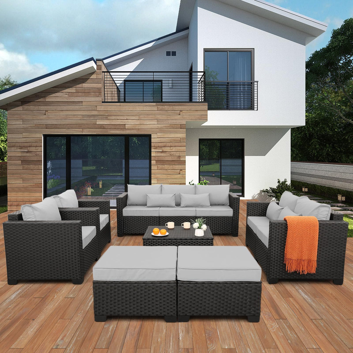7 Piece Light Grey Cushions Patio Furniture Set with Storage Table A6431