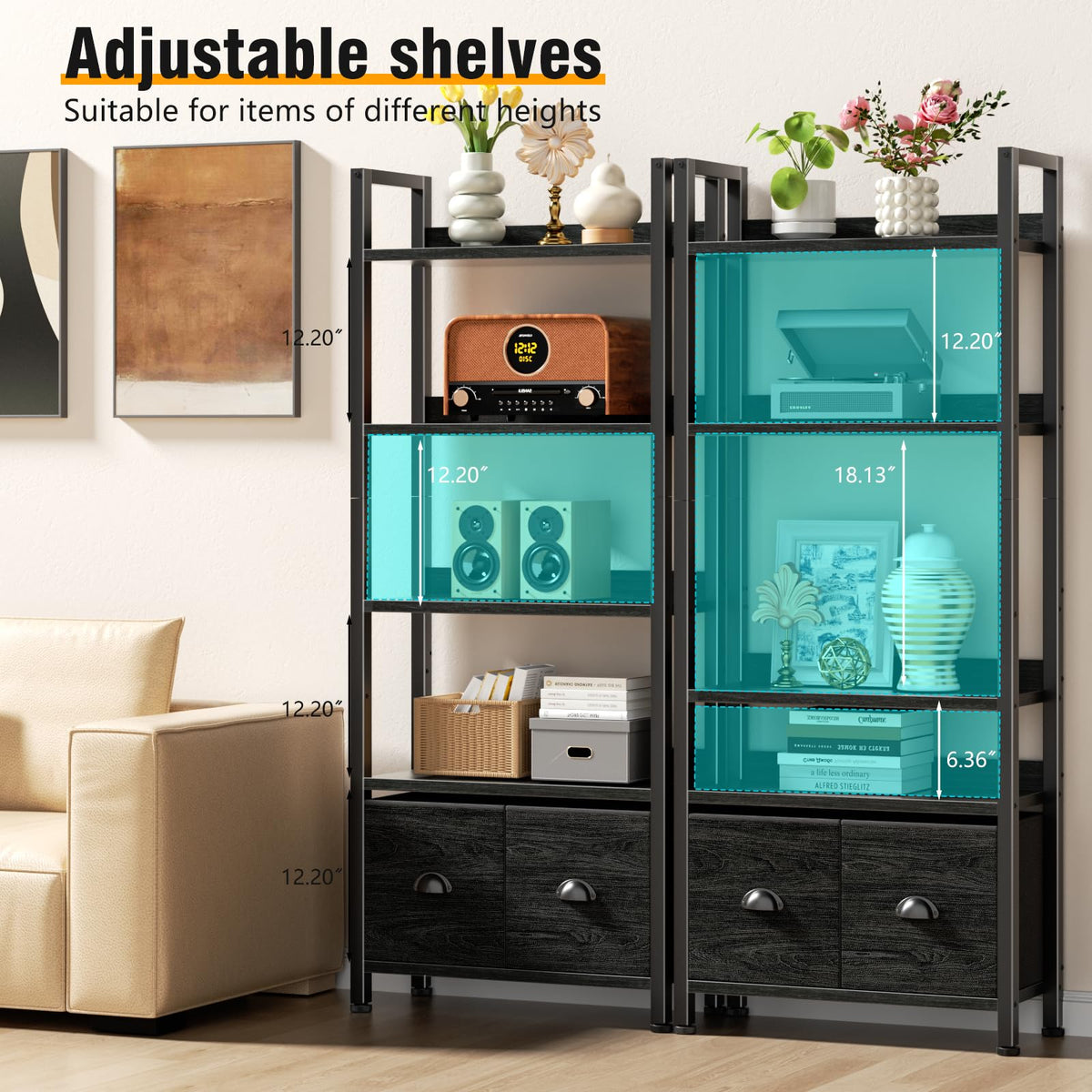 5-Tier Black Oak Bookshelf with 2 Storage Drawers G729