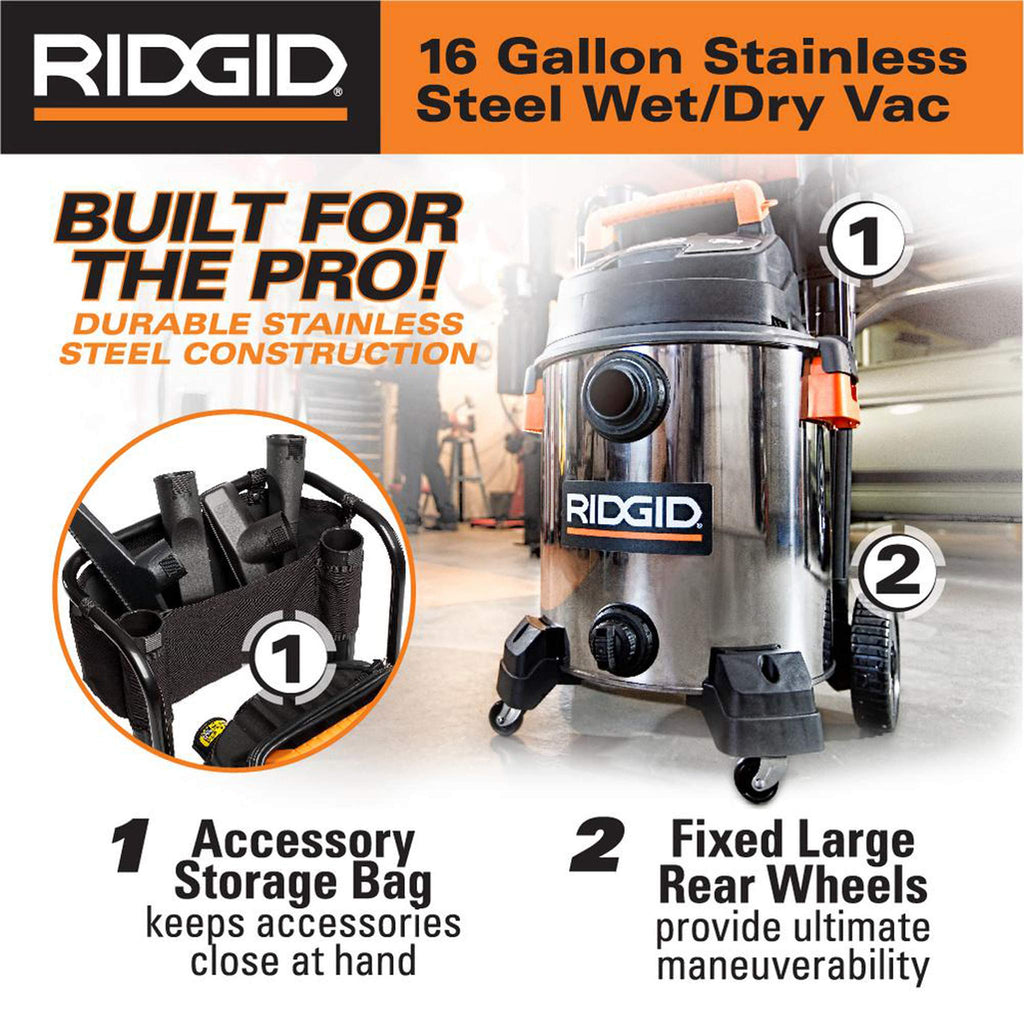 16 Gallon 6.5 Peak HP Stainless Steel Wet Dry Shop Vacuum F54108
