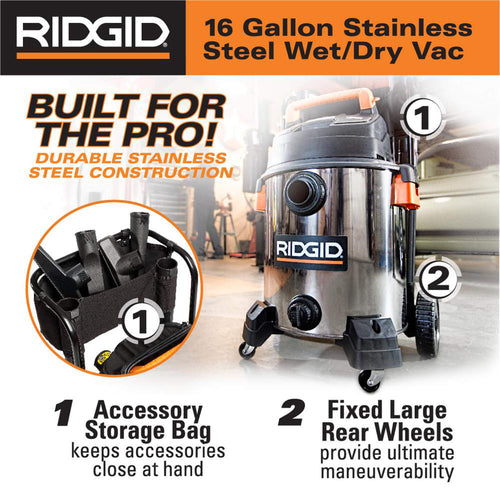 16 Gallon 6.5 Peak HP Stainless Steel Wet Dry Shop Vacuum F54108
