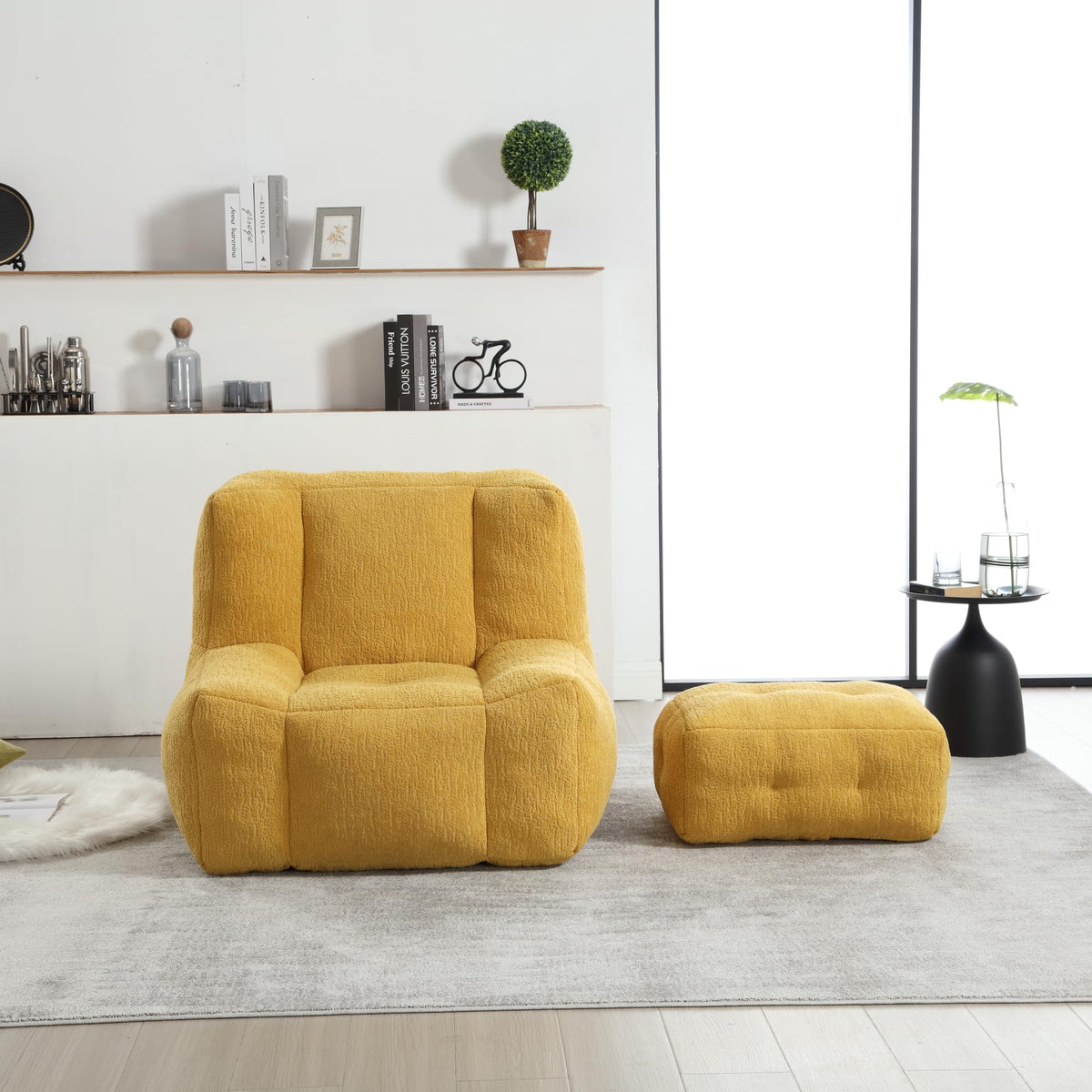 Yellow Memory Foam Bean Bag Chair with Ottoman W9054