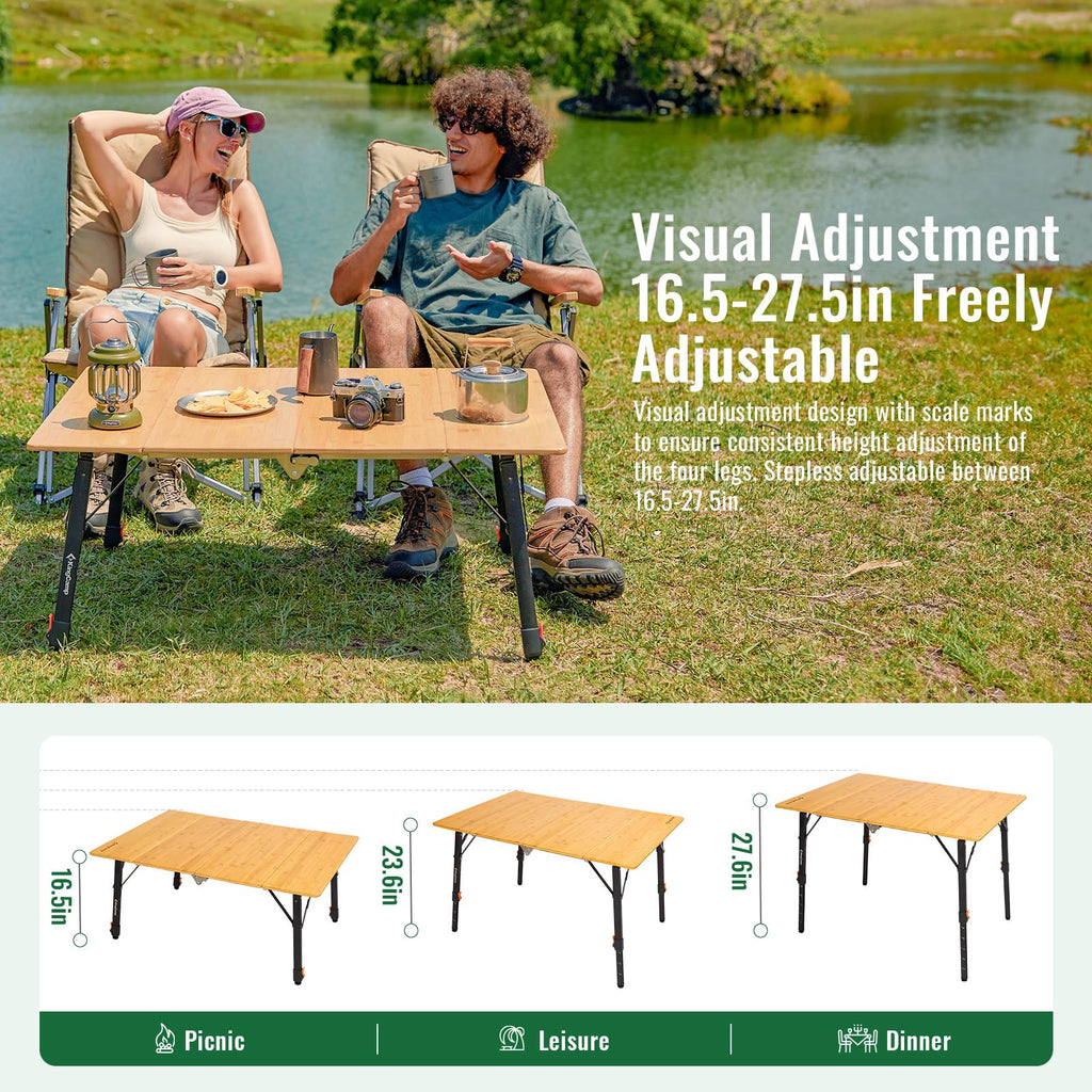 Bamboo Folding Camping Table with Adjustable Height J8975