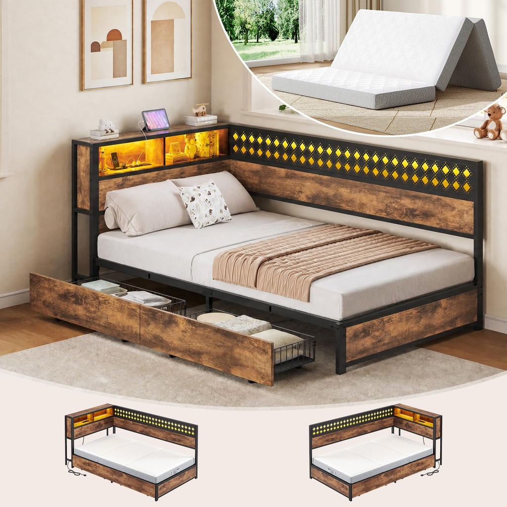 Twin Corner Bed Frame with Mattress and 2 Storage Drawers L24089