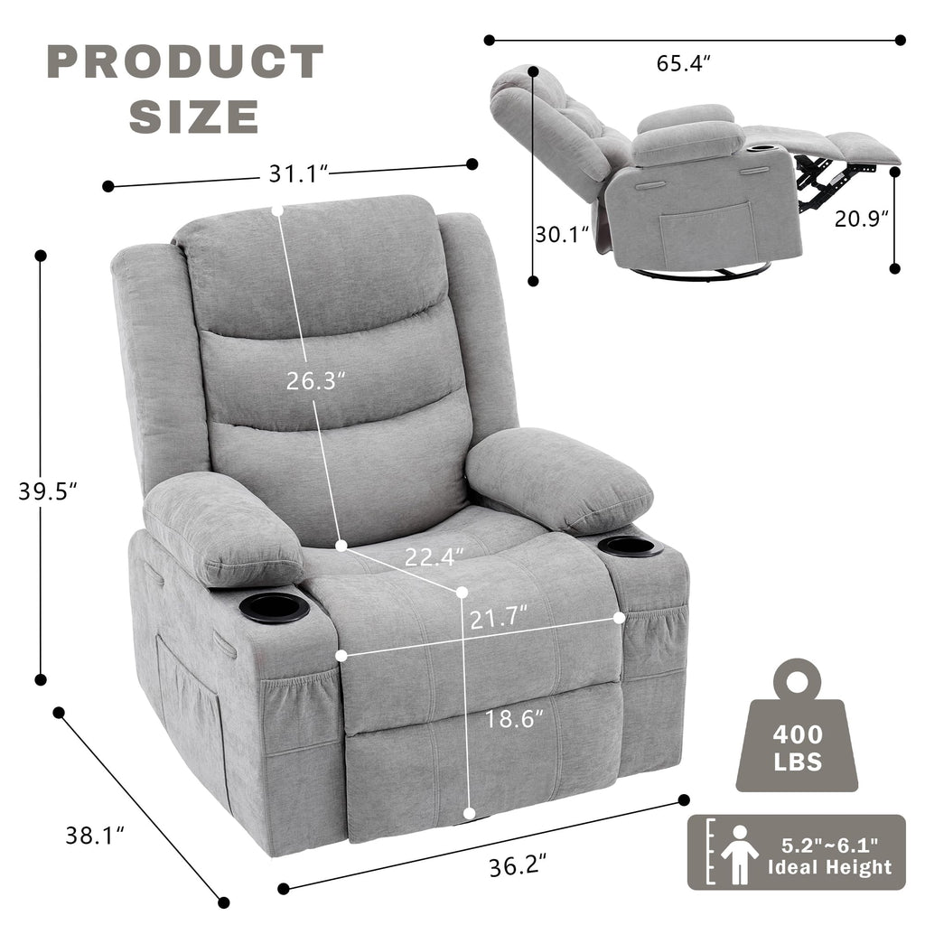 Grey Chenille Swivel Rocker Recliner Chair V726