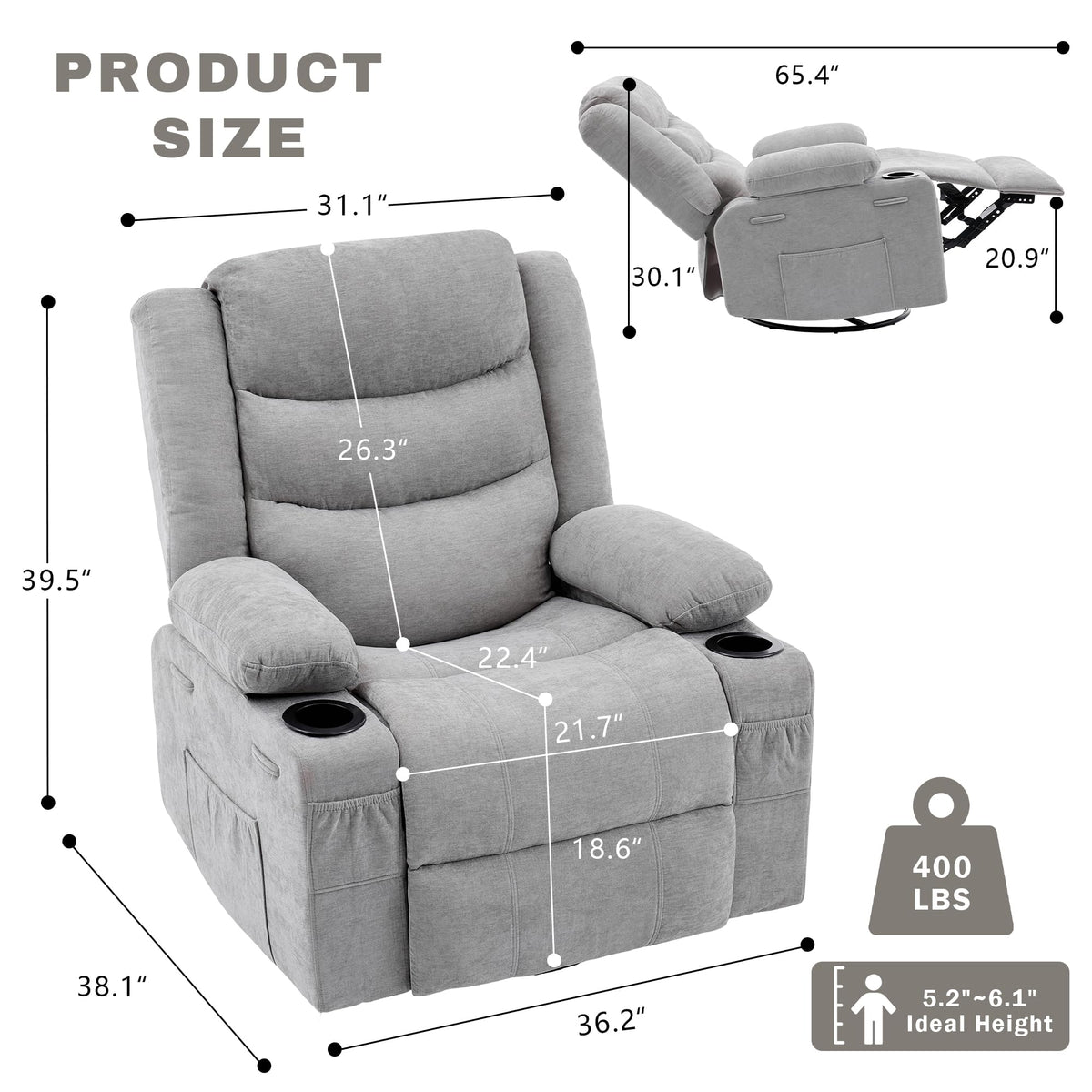 Grey Chenille Swivel Rocker Recliner Chair V726