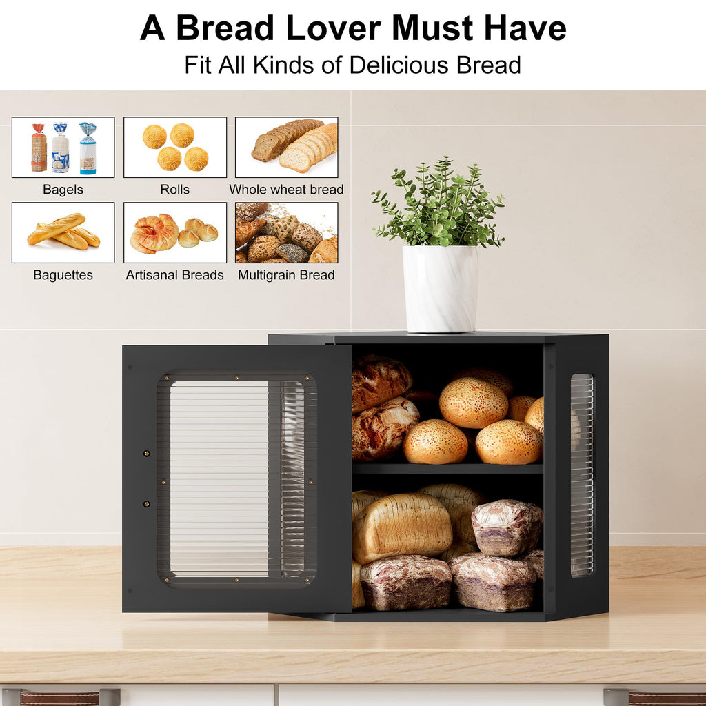 Large Black Wooden Bread Box with Acrylic Window X7058