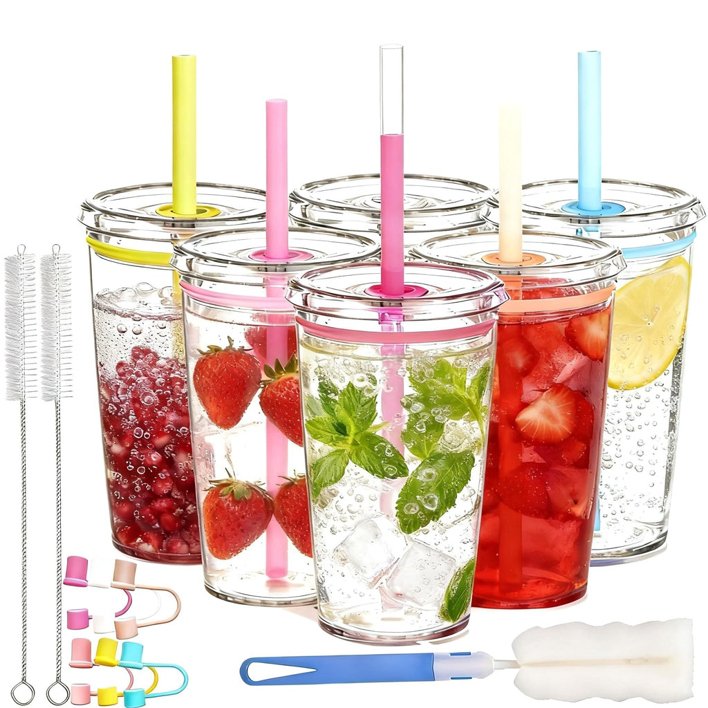 16 oz Plastic Tumbler Cup with Lid and Straw, 6 Pack O38796