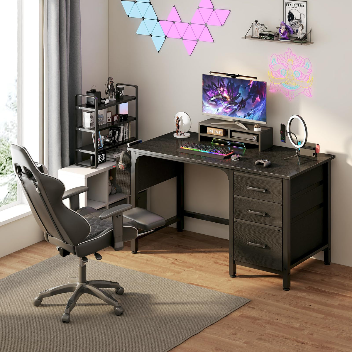 Black 47 Inch Computer Desk with File Drawers Cabinet J2615