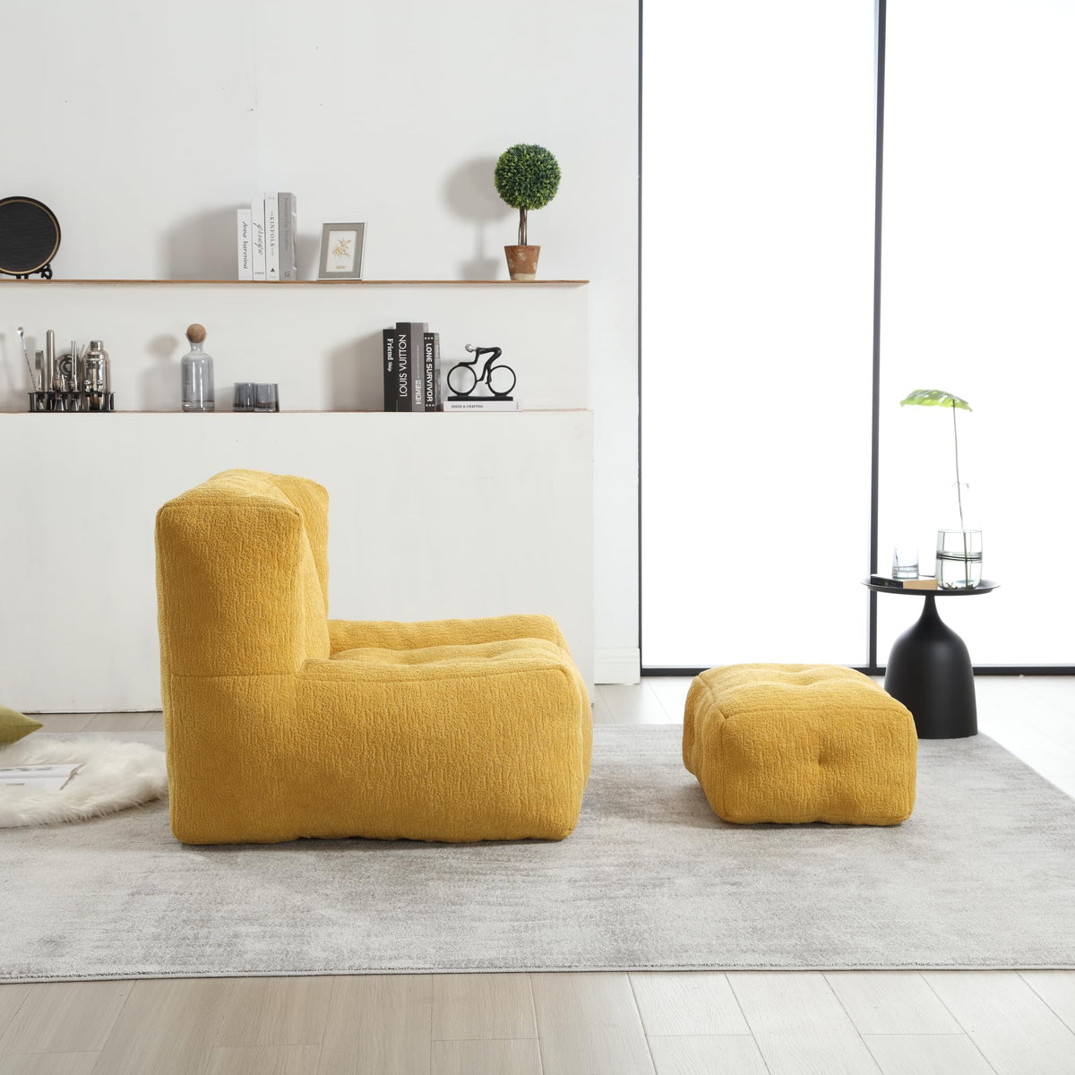 Yellow Memory Foam Bean Bag Chair with Ottoman W9054