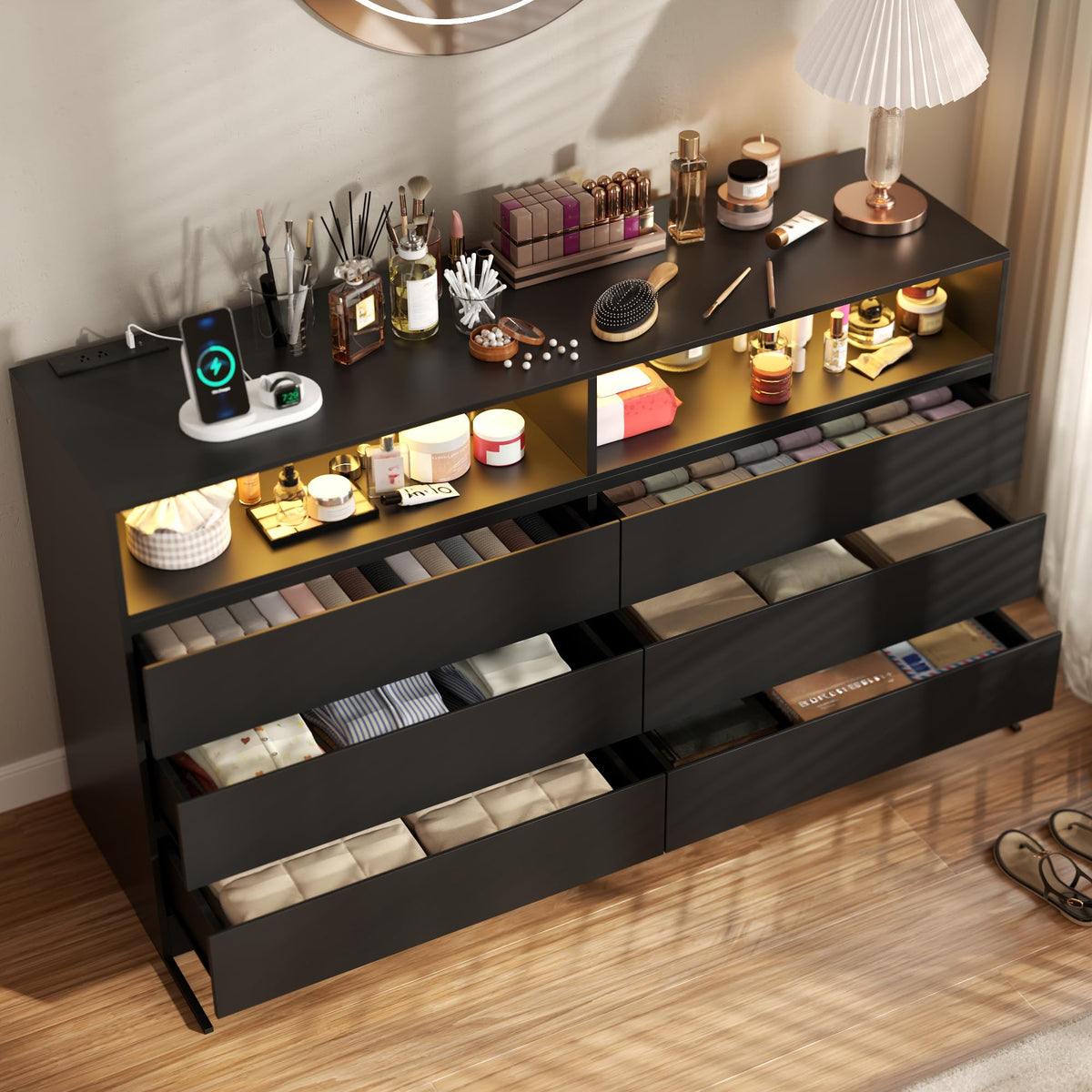 Black 6 Drawer Wood Dresser A3842