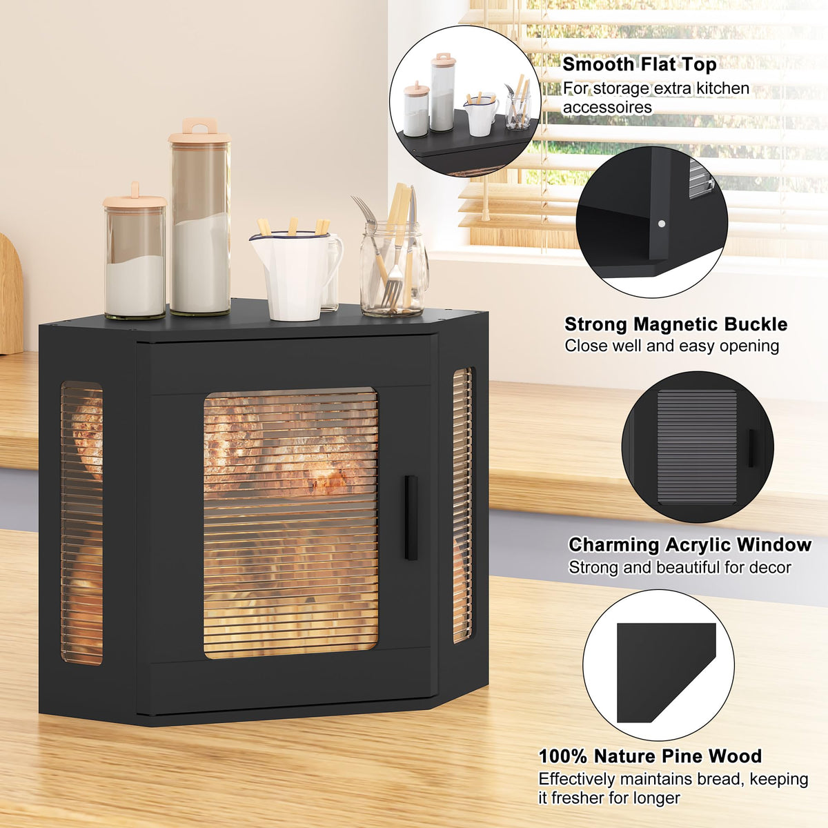 Large Black Wooden Bread Box with Acrylic Window X7058