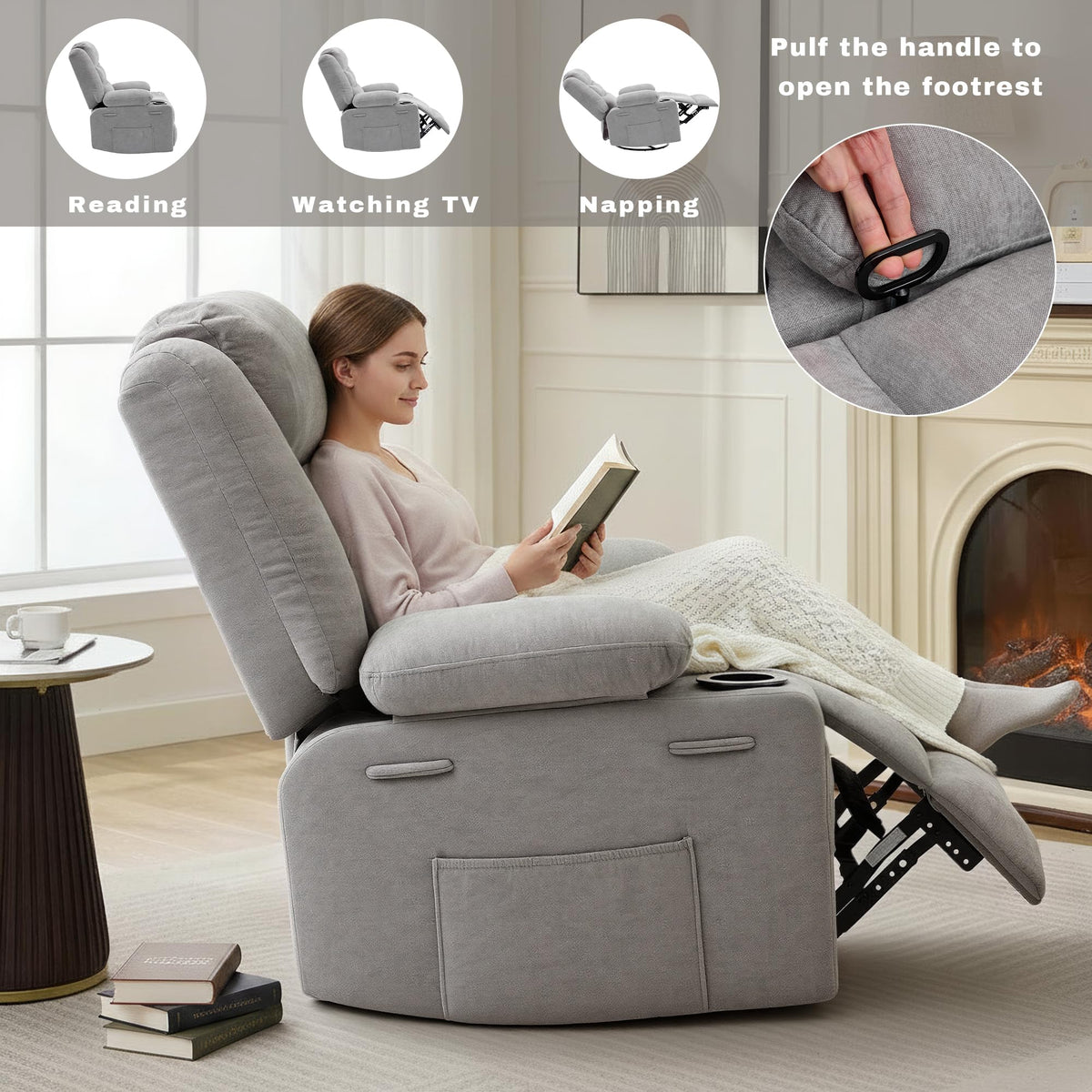 Grey Chenille Swivel Rocker Recliner Chair V726