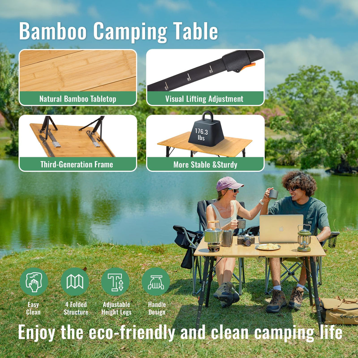 Bamboo Folding Camping Table with Adjustable Height J8975