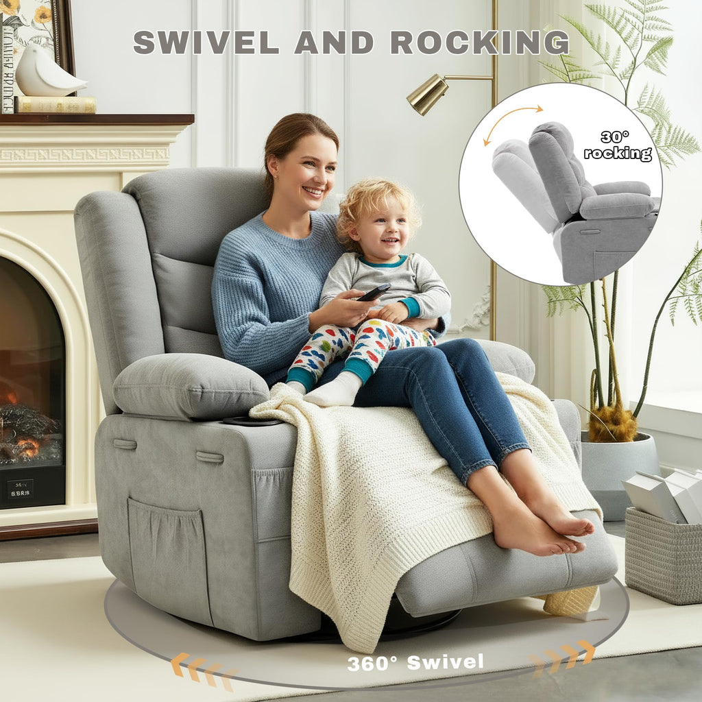 Grey Chenille Swivel Rocker Recliner Chair V726