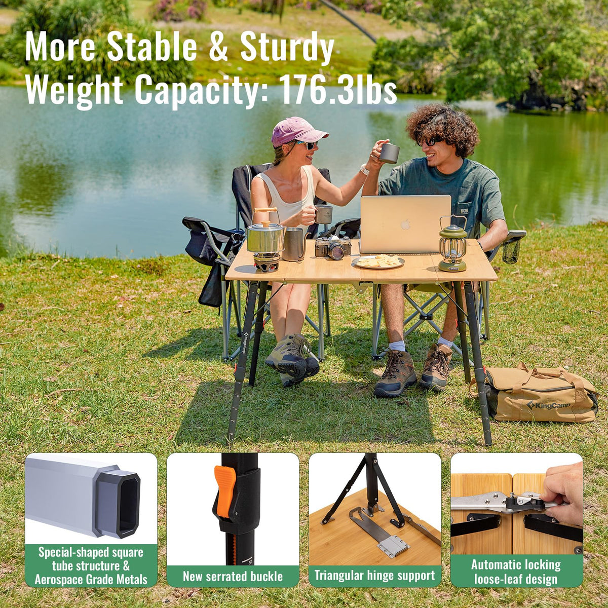 Bamboo Folding Camping Table with Adjustable Height J8975