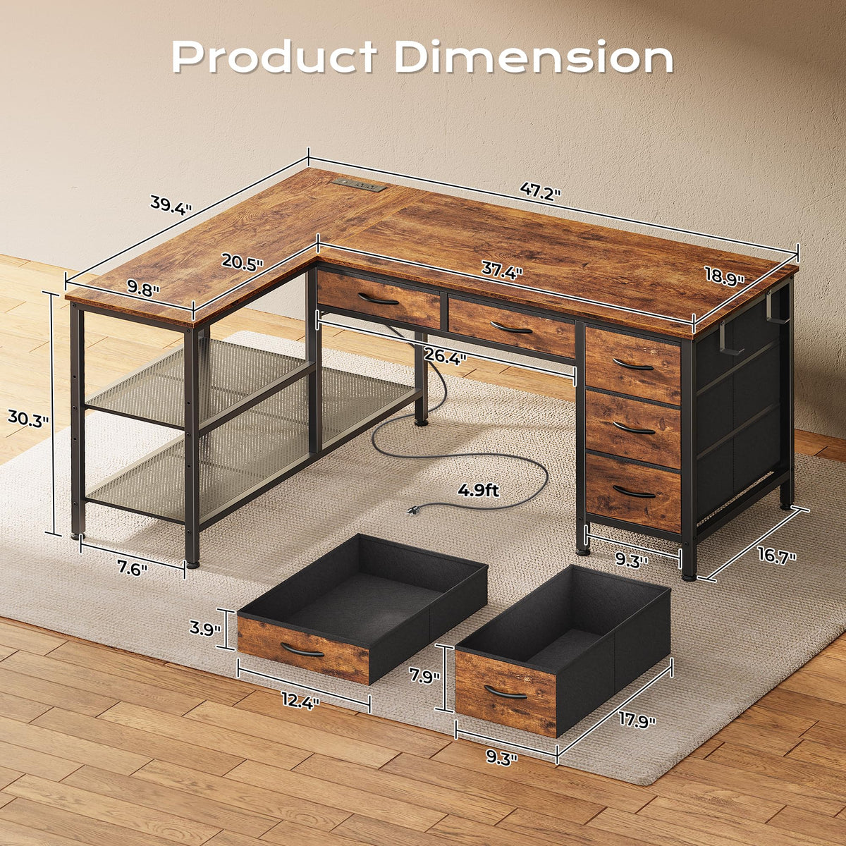 47 Inch L Shaped Desk with Power Outlets Z805
