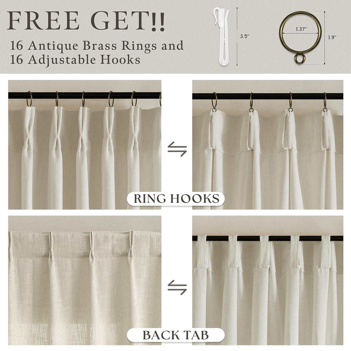 Beige Linen Pleated Light Filtering Curtains J9743