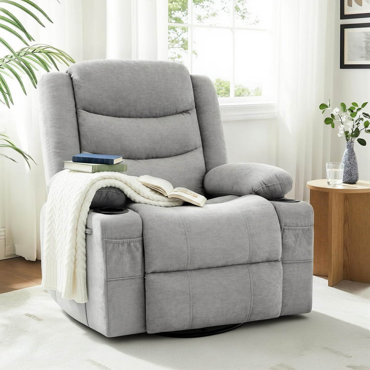 Grey Chenille Swivel Rocker Recliner Chair V726