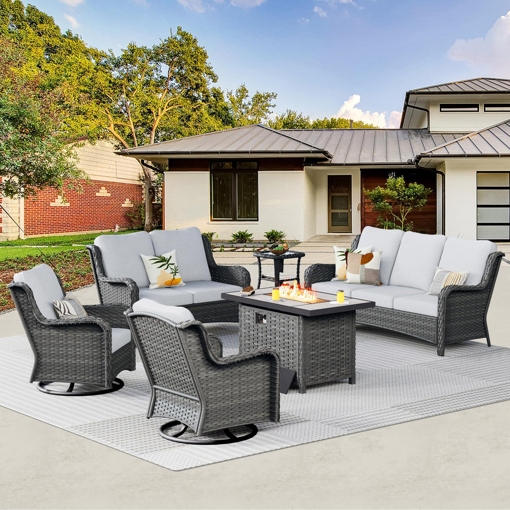 6 Piece Wicker Patio Furniture Set with Fire Pit Table V735