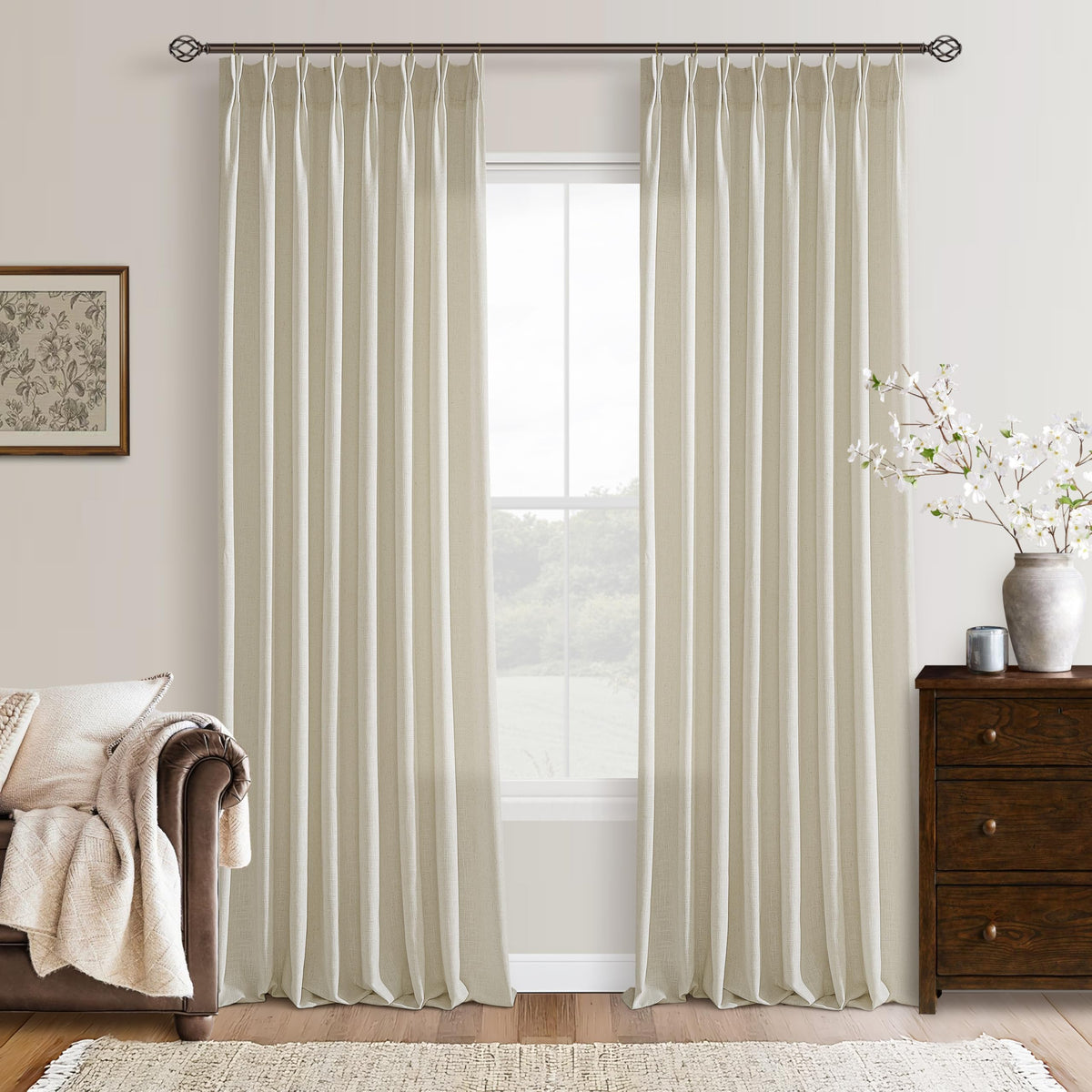 Beige Linen Pleated Light Filtering Curtains J9743